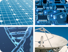 four-panel composite of solar panel, microchip, DNA helix, satellite
