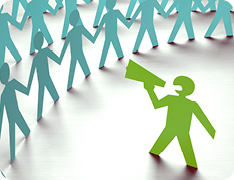 character holding megaphone toward crowd of characters