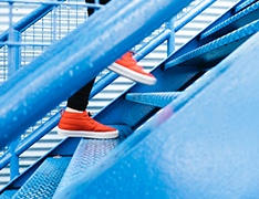 A person walking up stairs