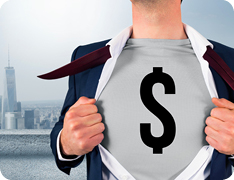 man pulling his business attire open to reveal dollar sign on chest