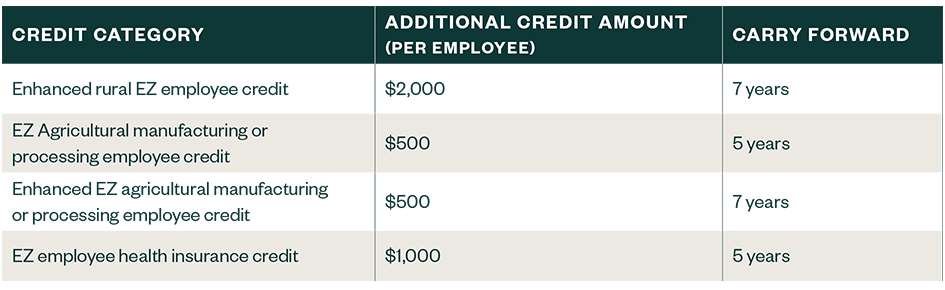Table outlining highlights of categories where companies can receive additional credits in the EZ program.