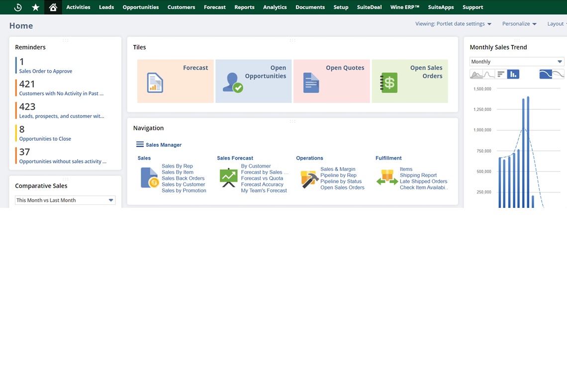 Winery Sales Manager View: Quickly open new orders, view stock status, track shipments, and view key metrics.