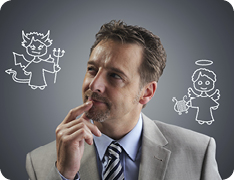 businessman with chalk drawings of devil and angel on each shoulder